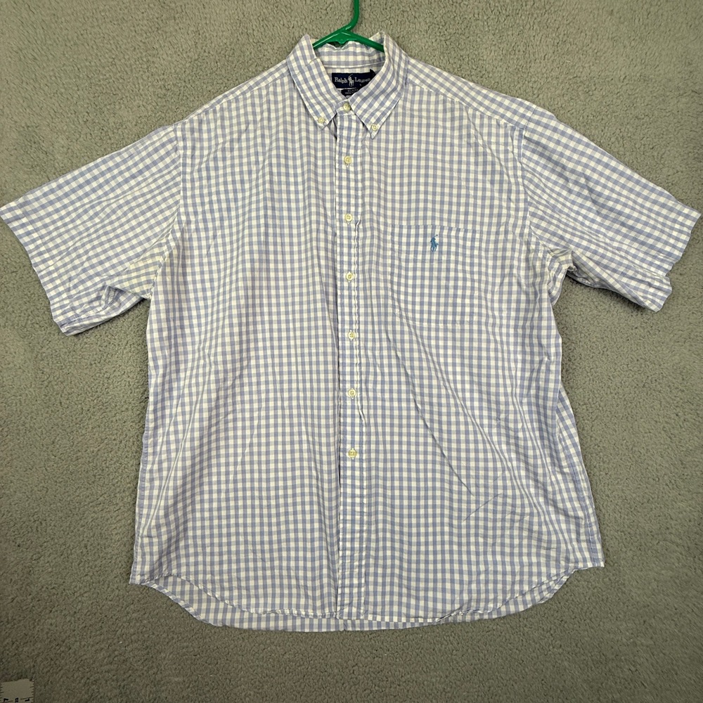 Ralph Lauren Blake Mens XL Blue Gingham Check Short Sleeve‎ Button Down Shirt